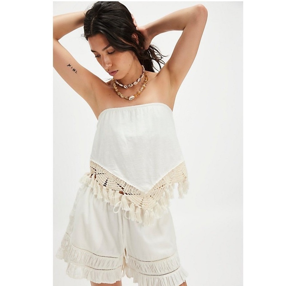 Free People Womens White Cotton Crochet Tassel Handkerchief Tube Top Small Boho